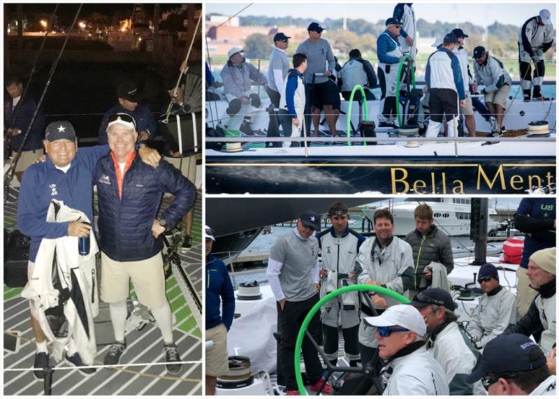 Clockwise from left: Hap Fauth with Terry Hutchinson after the Wirth W. Munroe Race, Fauth at the helm of Bella Mente during training, crew debrief after training. - photo © Jennifer Tille