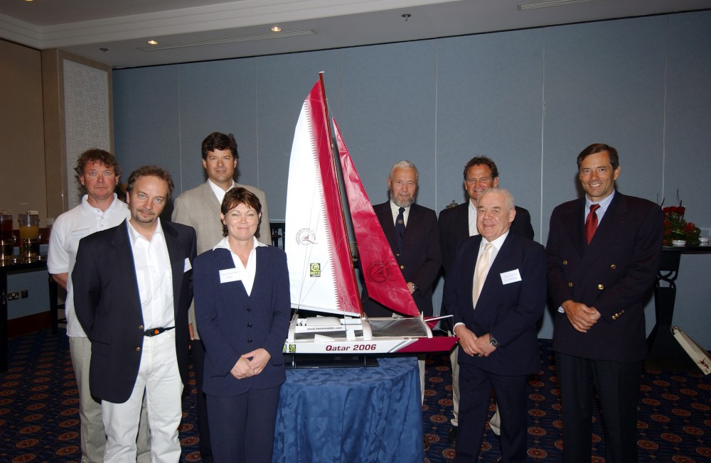From left to Right (back), Herve Jan, Cam Lewis, Sir Robin Knox-Johnston, Ross Field, David Scully (front) Louis-Noel Vivies, Tracy Edwards MBE, Tony Bullimore at the first Oryx Cup Teams Conference - photo © Mike Noel-Smith