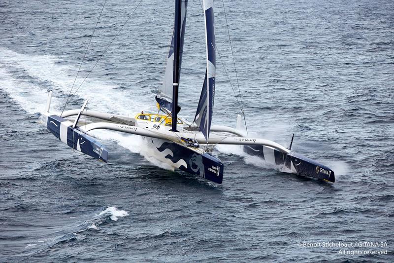 The foiling 32 metre long 23 metre beam trimaran Edmond de Rothschild  photo copyright Team Gitana taken at  and featuring the Maxi Cat class