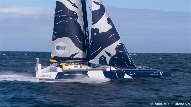 The foiling 32 metre long 23 metre beam trimaran Edmond de Rothschild  photo copyright Team Gitana taken at  and featuring the Maxi Cat class