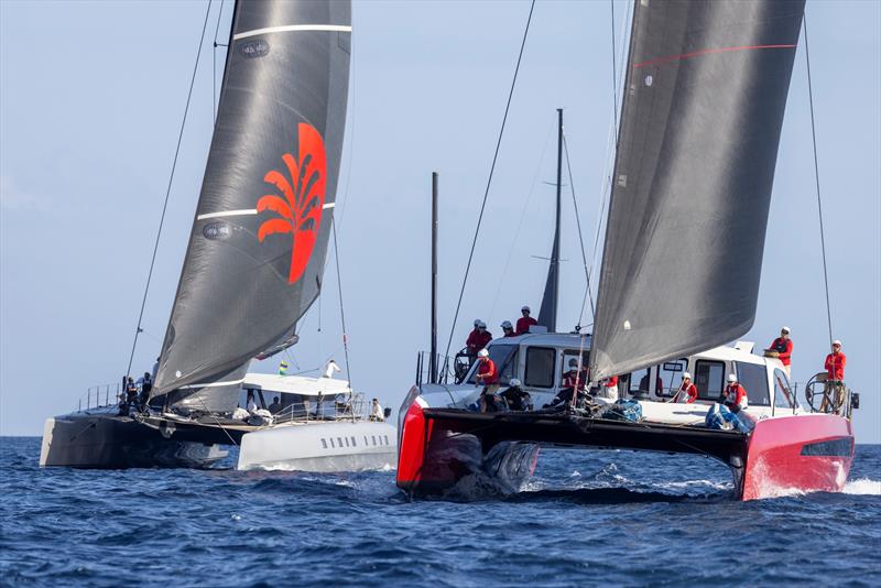 Lord Irvine Laidlaw's Gunboat 80 Highland Fling 18 (right) with Adrian Keller's 84ft Allegra, the defending MMMC champion, at the 2024 Maxi Yacht Rolex Cup - photo © IMA / Studio Borlenghi