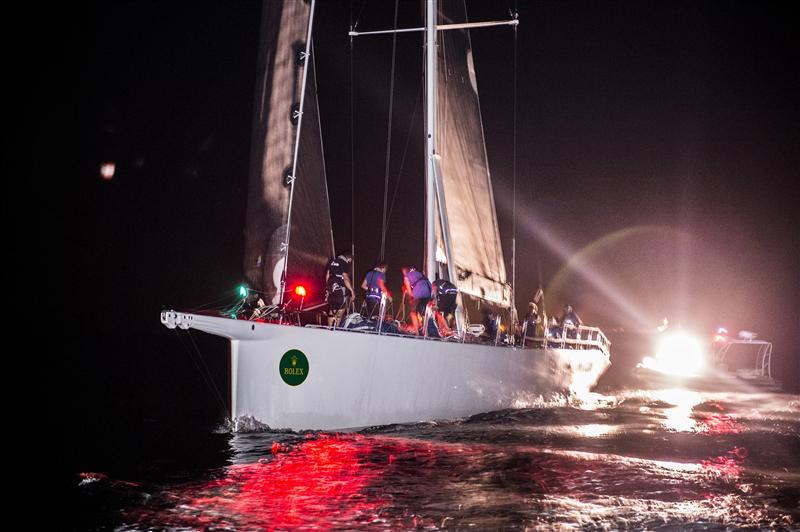 Ragamuffin 90 crosses the finish line in the Rolex South China Sea Race photo copyright Kurt Arrigo / Rolex taken at Royal Hong Kong Yacht Club and featuring the Maxi class