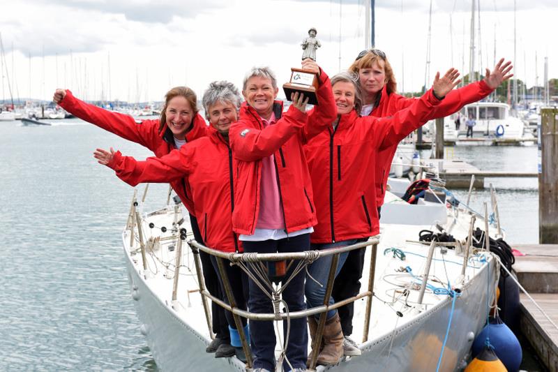 Tracy Edwards Maiden being unloaded in Southampton and motored round to Hamble Yacht Services on the River Hamble with other members of the original 1989 crew - photo © Rick Tomlinson / www.rick-tomlinson.com