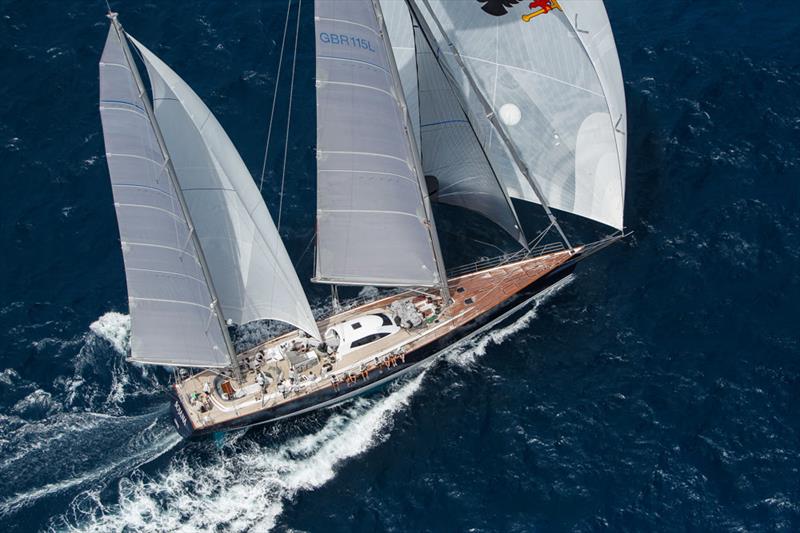 Celebrating his 80th birthday, Sir Peter Harrison's British ketch Sojana missed the record for the Peters & May Round Antigua Race by one second! photo copyright Paul Wyeth / www.pwpictures.com taken at Antigua Yacht Club and featuring the Maxi class