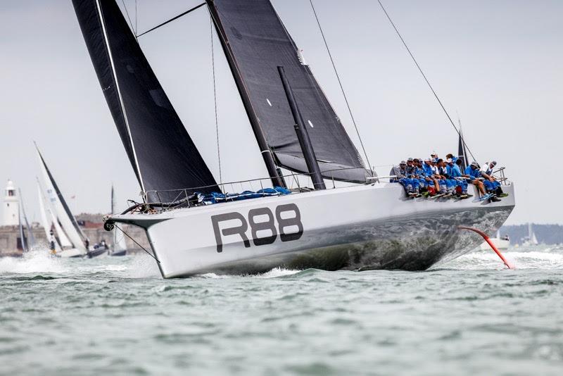 George David's American maxi Rambler 88 led the IRC fleet out of the Solent in the 2019 Rolex Fastnet Race - photo © Paul Wyeth / RORC