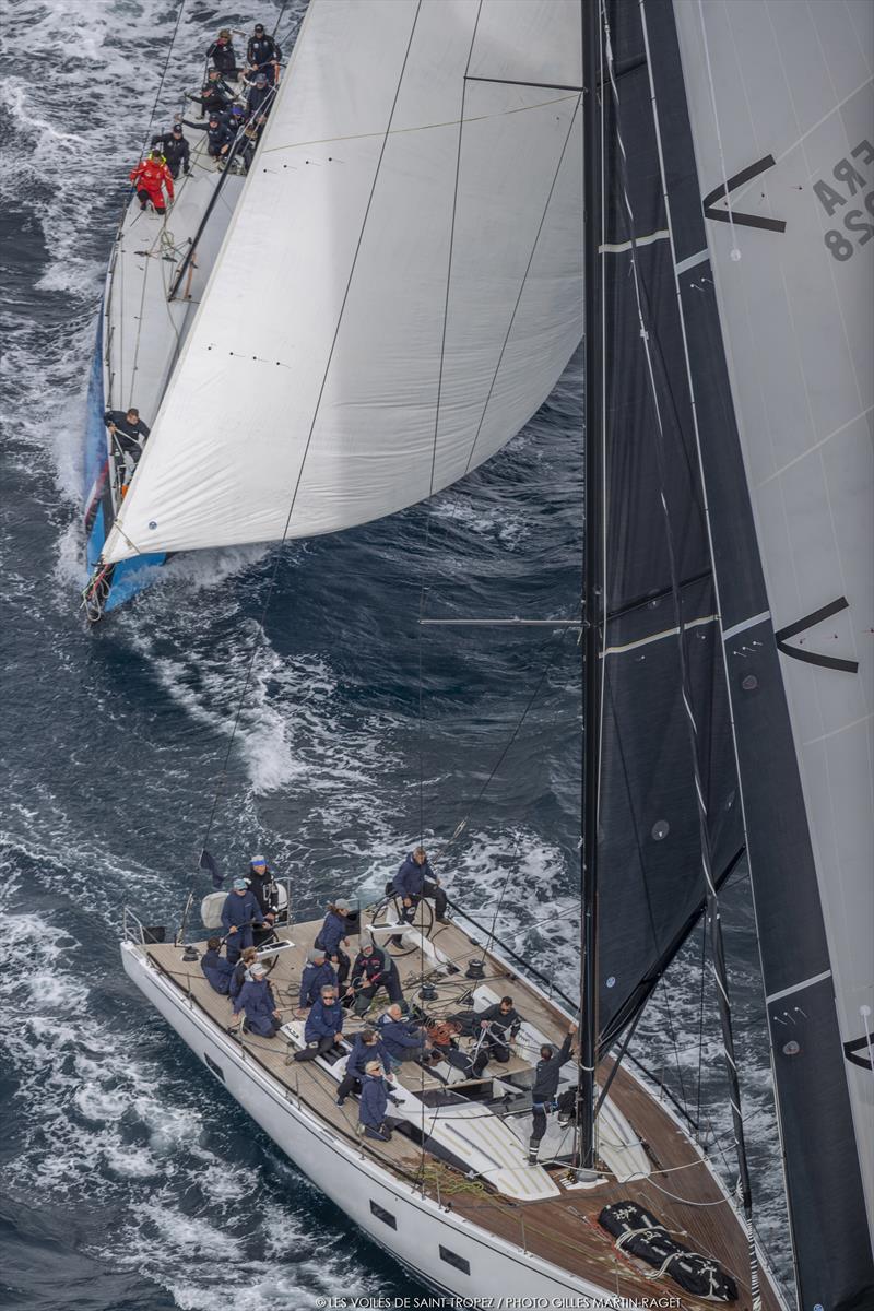 Jean-Pierre Dreau's Mylius 60 Lady First 3 leads the VO65 Sisi, skippered by Przemyslaw Tarnacki during Les Voiles de Saint-Tropez photo copyright Gilles Martin-Raget taken at Société Nautique de Saint-Tropez and featuring the Maxi class