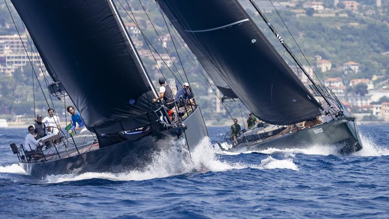 Luigi Sala's Mills Vismara 62 Yoru jockeys with 12 Nacira, Diego Patern's Nacira-designed Vismara 69 at the start of the Rolex Giraglia 2021 photo copyright IMA / Studio Borlenghi taken at Yacht Club Sanremo and featuring the Maxi class