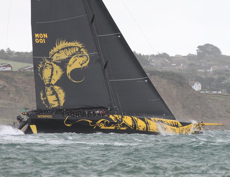 Skorpios passes Hurst Castle after the Rolex Fastnet Race start photo copyright Mark Jardine taken at Royal Ocean Racing Club and featuring the Maxi class