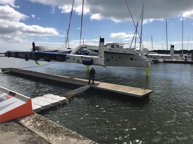 Exit building shed and first splash Maxi Banque Populaire IX. Skipper, Armal Le Cleac'h photo copyright Team Banque Populaire IX taken at  and featuring the Maxi class