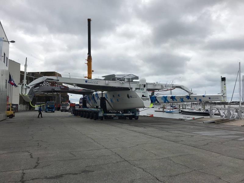 Exit building shed and first splash Maxi Banque Populaire IX. Skipper, Armal Le Cleac'h. - photo © Team Banque Populaire IX