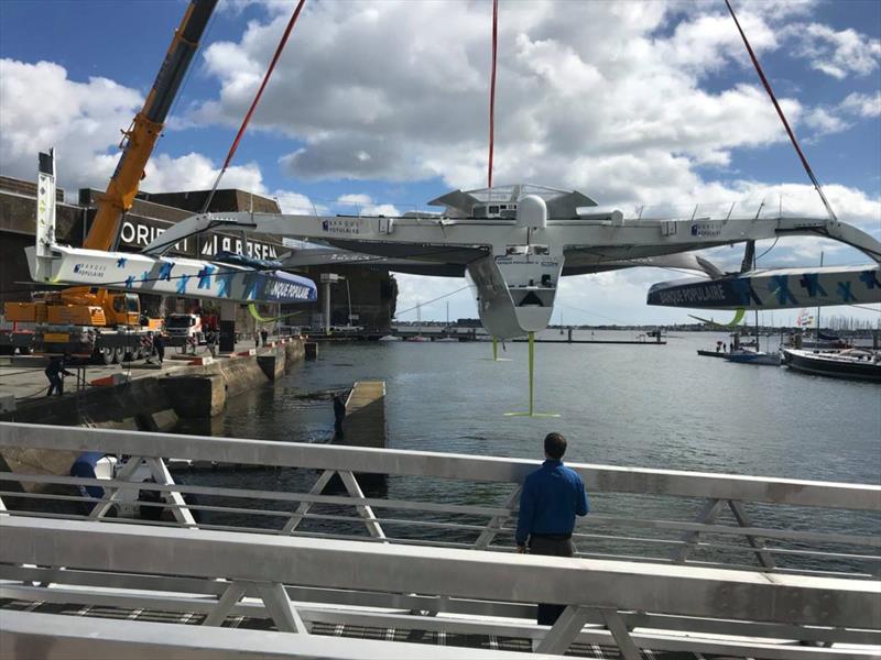 Exit building shed and first splash Maxi Banque Populaire IX. Skipper, Armal Le Cleac'h. - photo © Team Banque Populaire IX