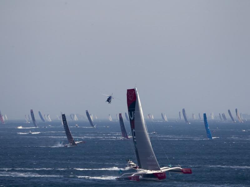 Spectacular scenes off Saint Malo as the 2018 Route du Rhum-Destination Guadeloupe gets underway in perfect conditions photo copyright Alexis Courcoux taken at  and featuring the Maxi class