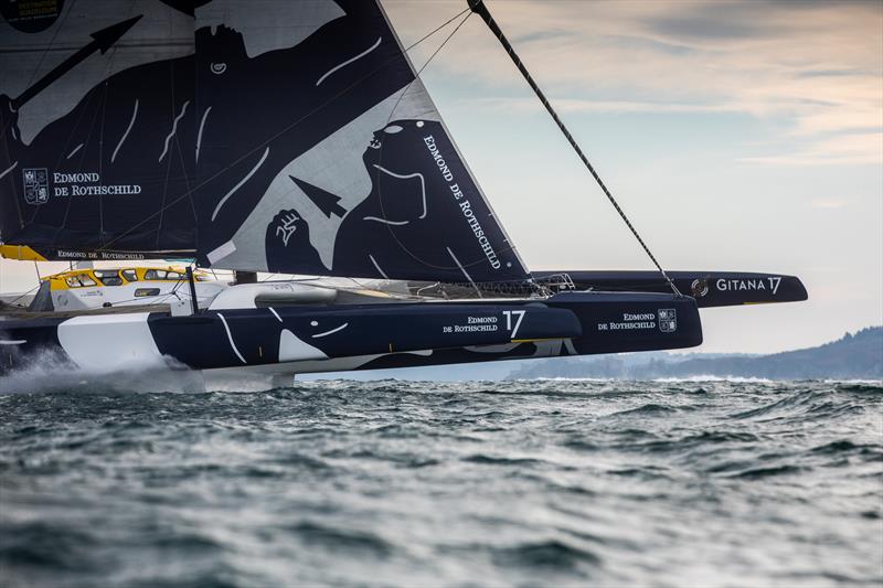 The Ultime 32m max trimaran Edmond de Rothschild - start Route du Rhum - November 4, 2018 photo copyright Eloi Stichelbaut taken at  and featuring the Maxi class