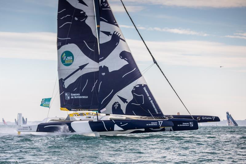 The Ultime 32m max trimaran Edmond de Rothschild - start Route du Rhum - November 4, 2018 photo copyright Eloi Stichelbaut taken at  and featuring the Maxi class