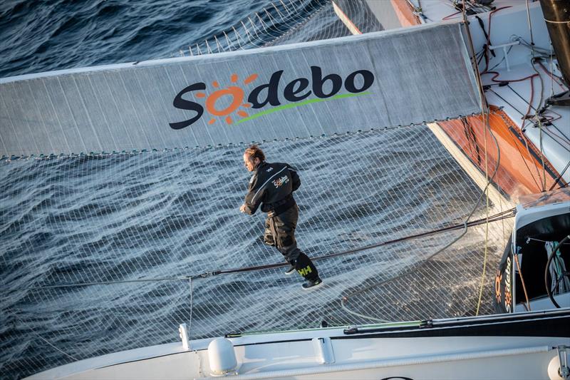 Sodebo Ultim' who has reported that a forward cross-beam on his boat has broken. Coville was about 100 miles north of Cape Finisterre when he incurred the damage. He is now heading towards the Spanish port of La Coruna to secure the boat. - photo © Route du Rhum