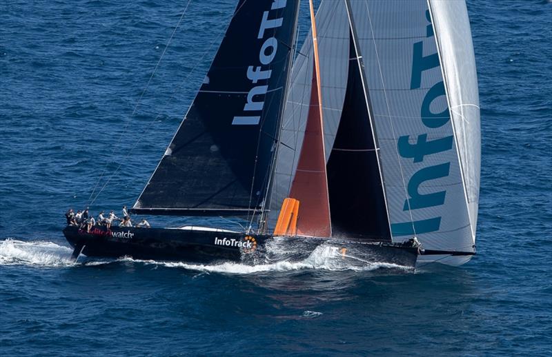 InfoTrack sails through the Heads - Bird Island Race 2018 photo copyright Crosbie Lorimer taken at  and featuring the Maxi class