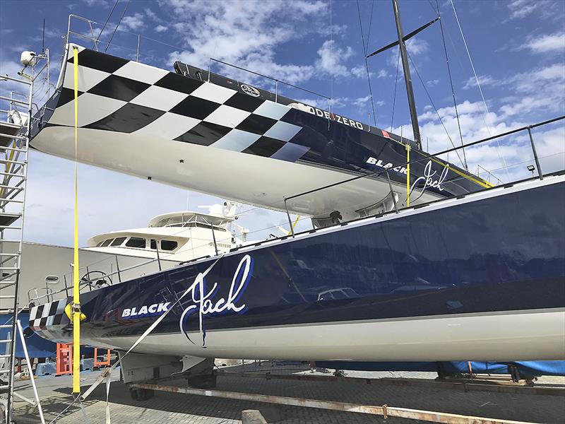 Black Jacks - modified VO70 on the shipping dolly, and R/P100 supermaxi minus the rudder, but with the rig in photo copyright Mark Bradford taken at Royal Queensland Yacht Squadron and featuring the Maxi class