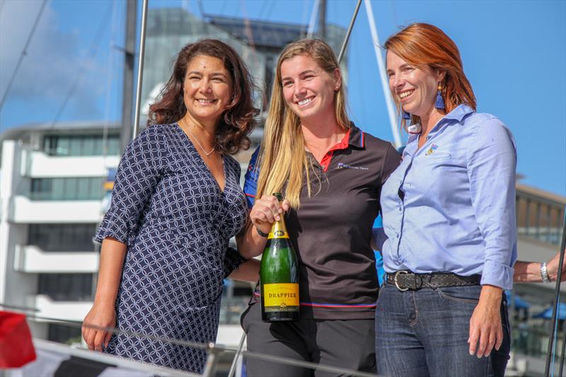 Christening done - Michelle Khan, Bianca Cook, Evelien Van Vliet - Lion New Zealand - Relaunch - March 11, 2019 photo copyright Richard Gladwell taken at Royal New Zealand Yacht Squadron and featuring the Maxi class