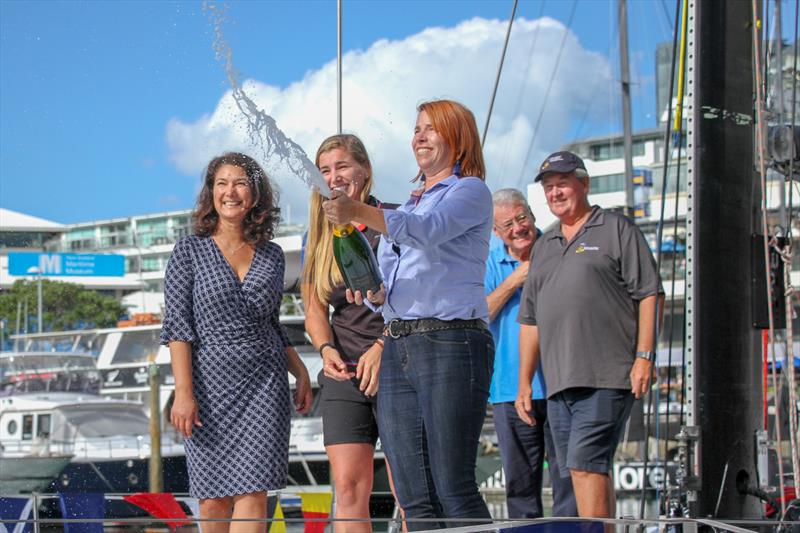 NZ Sailing Trust's Evelien Van Vliet has her turn with the champagne bottle at the Lion New Zealand Relaunch - March 11, 2019 photo copyright Richard Gladwell taken at Royal New Zealand Yacht Squadron and featuring the Maxi class