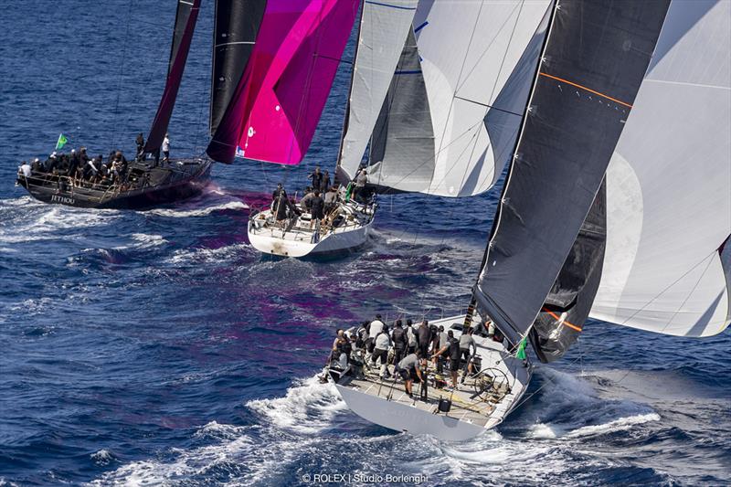 The lead trio of maxi racers, Jethou, Vesper and Caol Ila R, head on to the run - Rolex Capri Sailing Week - photo © Rolex / Studio Borlenghi