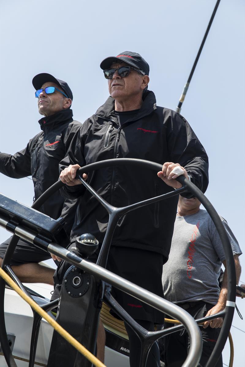 Jim Cooney on the helm of his Line Honours record holder - Comanche photo copyright Andrea Francolini taken at Cruising Yacht Club of Australia and featuring the Maxi class