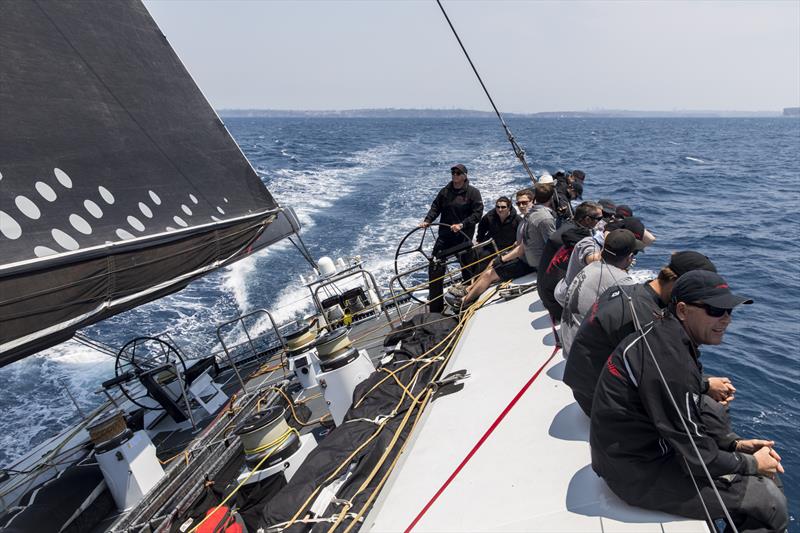 When you're that beamy, and designed to heel at 20 degrees plus, best not to have a fear of heights when the tail is on the rail photo copyright Andrea Francolini taken at Cruising Yacht Club of Australia and featuring the Maxi class