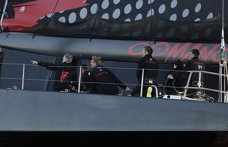 Part of the afterguard (L to R) Stan Honey, Kyle Langford and Mike 'Moose' Sanderson guide Jim Cooney up the Derwent River - photo © Crosbie Lorimer