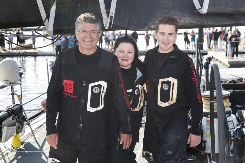 Jim Cooney, Samantha Grant and James Cooney, after their win on board Comanche photo copyright Andrea Francolini taken at Royal Yacht Club of Tasmania and featuring the Maxi class