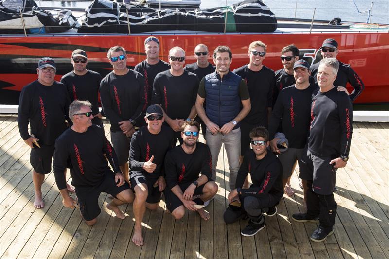 Australian Formula 1 Ace, Mark Webber with the crew of Comanche photo copyright Andrea Francolini taken at Royal Yacht Club of Tasmania and featuring the Maxi class