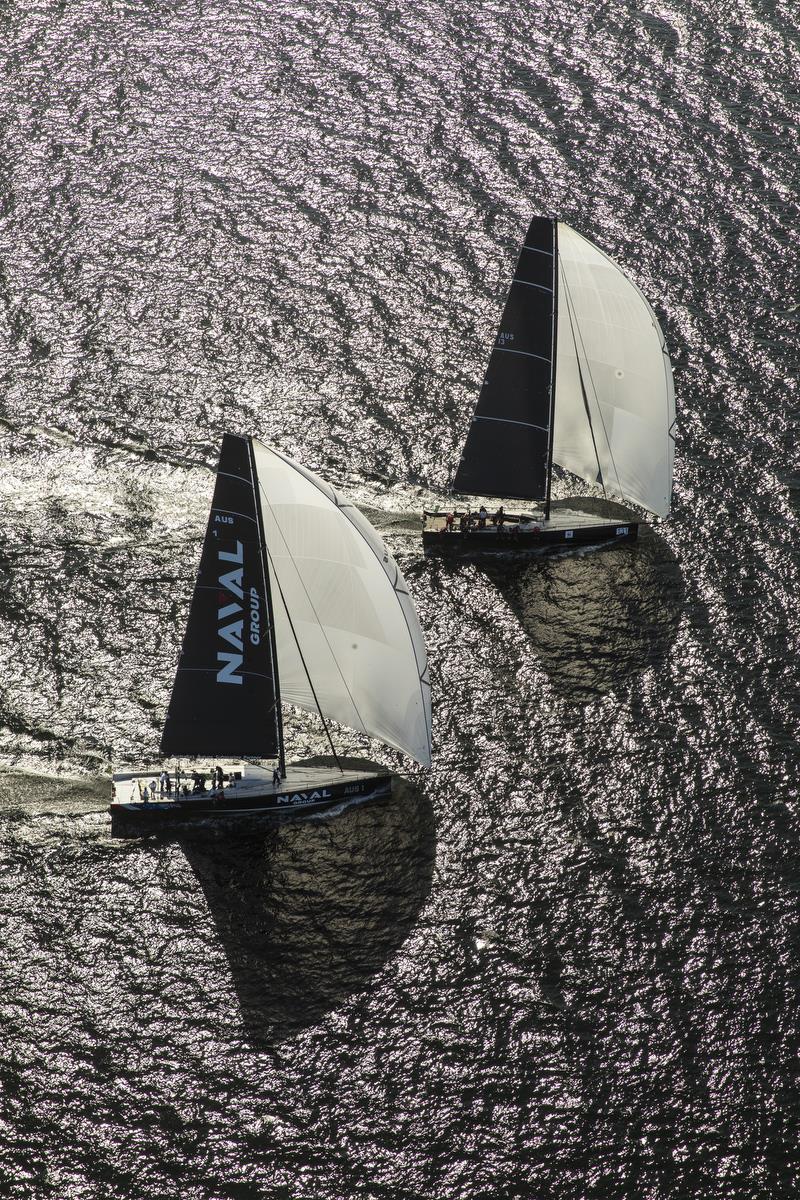 Naval Group and Chinese Whisper match racing up the River Derwent on December 28, during the 75th Sydney to Hobart race photo copyright Andrea Francolini taken at Royal Yacht Club of Tasmania and featuring the Maxi class