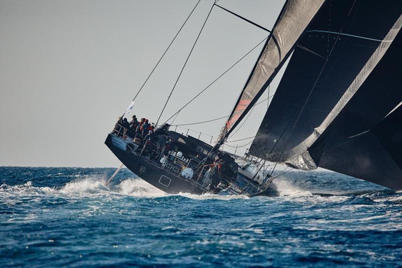 A spectacular sight at the start of the 8th RORC Transatlantic Race - the 100ft canting keel Maxi Comanche, skippered by Mitch Booth - photo © James Mitchell