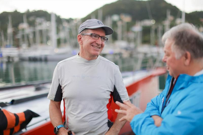 Comanche's Australian navigator Will Oxley explains to Race Reporter, Louay Habib, the weather conditions which made for a complex winning solution photo copyright Arthur Daniel / RORC taken at Royal Ocean Racing Club and featuring the Maxi class