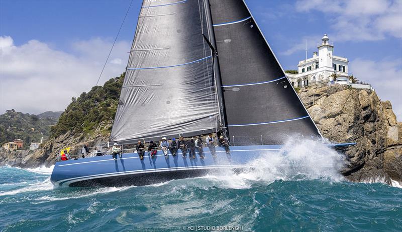 Itacentodue braves the lumpy conditions during the 2021 event off this magnificent section of the Italian coastline photo copyright YCI / Studio Borlenghi taken at Yacht Club Italiano and featuring the Maxi class
