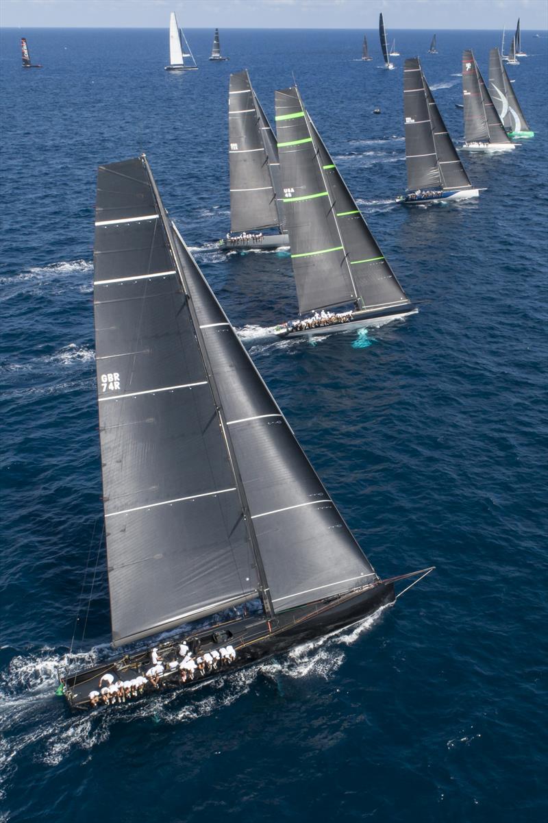 Mini Maxi 1 start with Sir Peter Ogden's Jethou to weather - Maxi Yacht Rolex Cup - Yacht Club Costa Smeralda  Day 1, September 5, 2022 photo copyright Francesco Ferri  IMA / Studio Borlenghi taken at Yacht Club Costa Smeralda and featuring the Maxi class