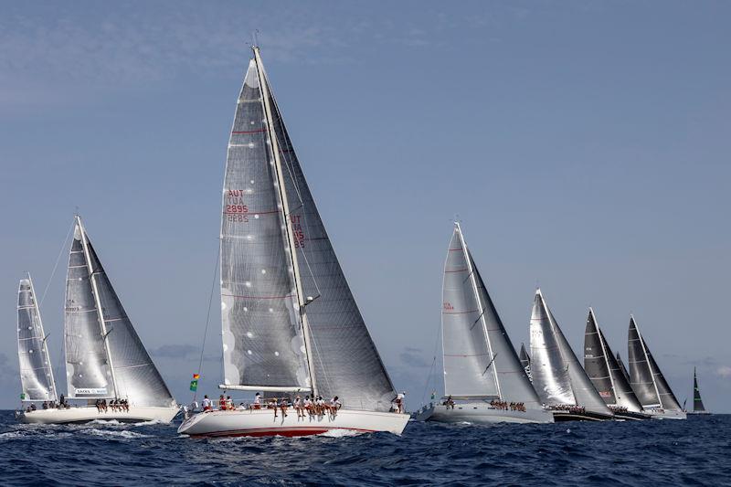 The Swan 65 ketch Shirlaf (left) at the Mini Maxi 3-4 start with the Swan 651 Lunz am Meer and Riccardo de Michele's eventual winner H20 on day 2 of the Maxi Yacht Rolex Cup photo copyright IMA / Studio Borlenghi taken at Yacht Club Costa Smeralda and featuring the Maxi class