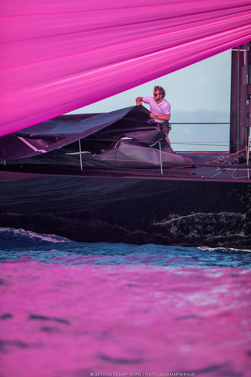 Pretty in pink - a colourful downwind ride on board Sir Peter Ogden's Jethou - Les Voiles de Saint-Tropez photo copyright Gilles Martin-Raget / www.martin-raget.com taken at Société Nautique de Saint-Tropez and featuring the Maxi class