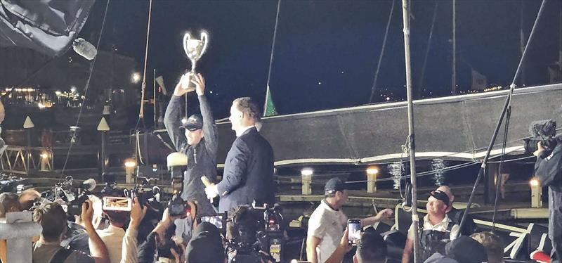 John Winning Jnr hoists the Illingworth trophy aloft for Line Honours, 2022 Sydney to Hobart race - photo © Clayton Reading