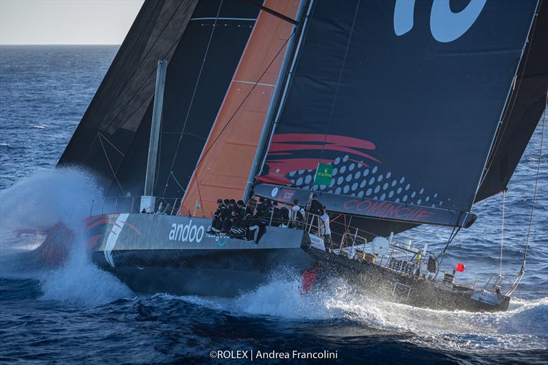 Andoo Comanche powers to the finish, 2022 Rolex Sydney Hobart Race photo copyright Rolex / Andrea Francolini taken at Cruising Yacht Club of Australia and featuring the Maxi class