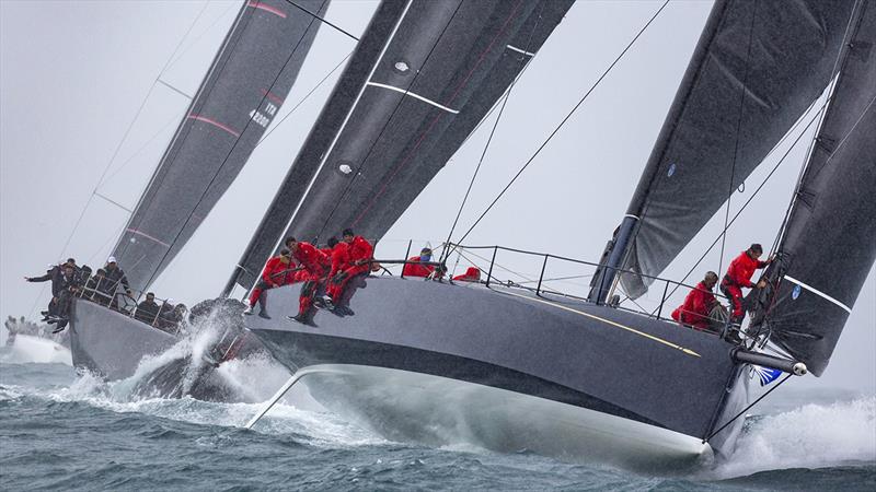 A squall lashes the front runners as they round the top mark in today's first race - IMA Maxi European Championship - photo © IMA / Studio Borlenghi