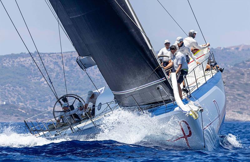 George Sakellaris at the helm of Proteus in yesterday's practice race - 2023 AEGEAN 600 photo copyright Nikos Alevromytis / www.alen.gr taken at Hellenic Offshore Racing Club and featuring the Maxi class