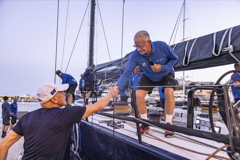 Black Jack owner Peter Harburg shakes hands with Igor Simcic, who owned his boat when she was Esimit Europa II (and set the Palermo-Montecarlo race record) - photo © Circolo della Vela Sicilia / Studio Borlenghi