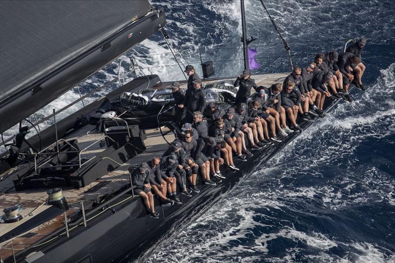 Crew tightly packed on the weather rail of the mighty 100 footer V - Les Voiles de Saint-Tropez 2023 Day 3 - photo © Gilles Martin-Raget