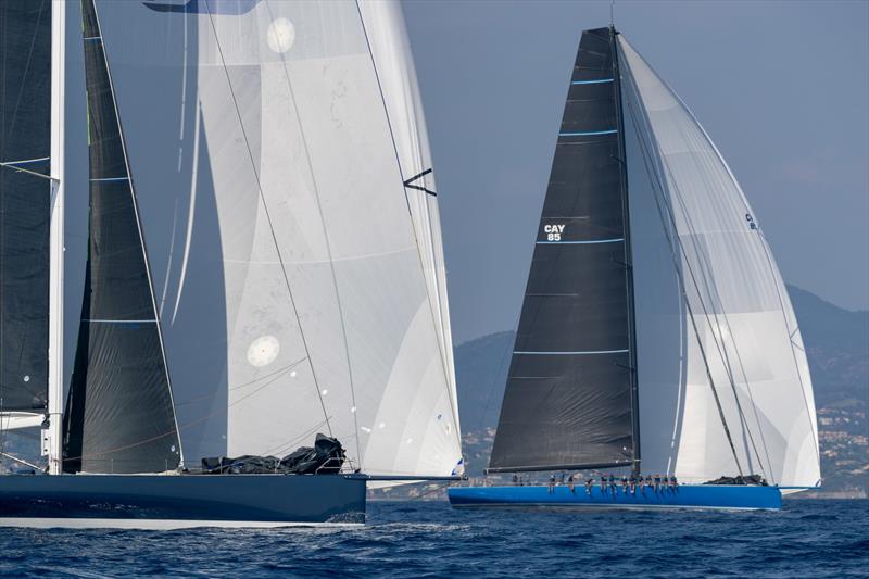 Deep Blue competing with the longer Magic Carpet Cubed en route to Frejus today - 2023 Les Voiles de Saint-Tropez photo copyright Gilles Martin-Raget taken at Société Nautique de Saint-Tropez and featuring the Maxi class