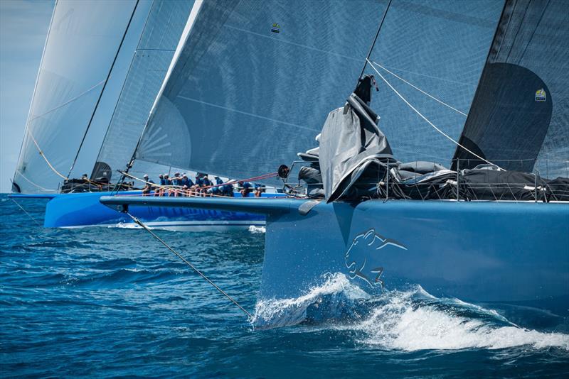 Maxi yachts Leopard3 and Deep Blue pictured here went head-to-head at the 2022 St. Maarten Heineken Regatta. 2024 is expected to be a match race between 100-ft Leopard 3 and Galateia - photo © Laurens Morel