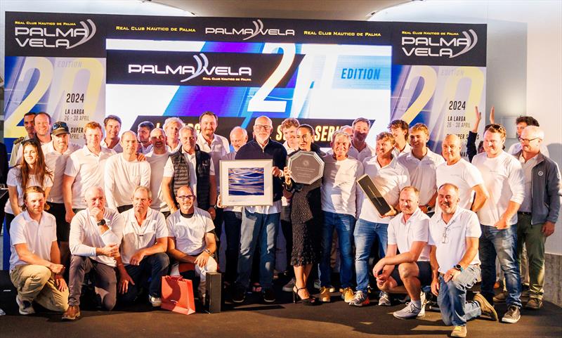Hat-trick! David M Leuschen with his winning Galateia crew at tonight's prize-giving photo copyright Nico Martinez/PalmaVela taken at  and featuring the Maxi class