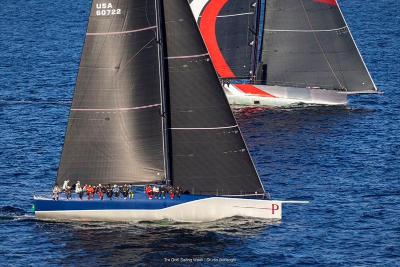 Seng Huang Lee's line honours favourite Scallywag 100 and George Sakellaris' 72ft Proteus - photo © Tre Golfi Sailing Week / Studio Borlenghi