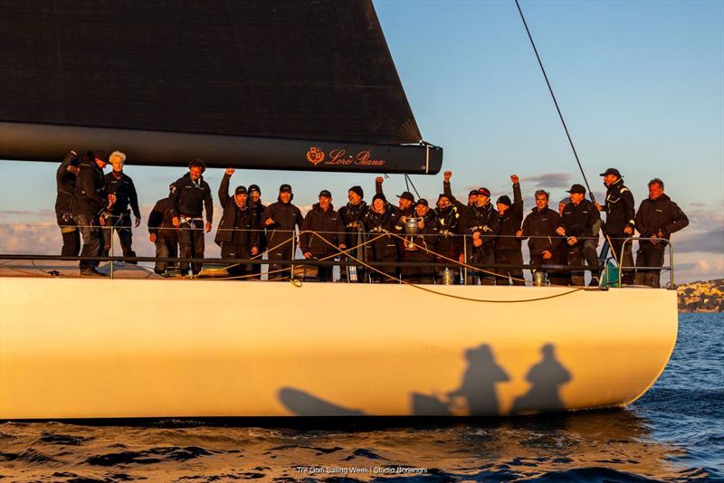 Galateia's crew celebrates after crossing the finish line - photo © Tre Golfi Sailing Week / Studio Borlenghi