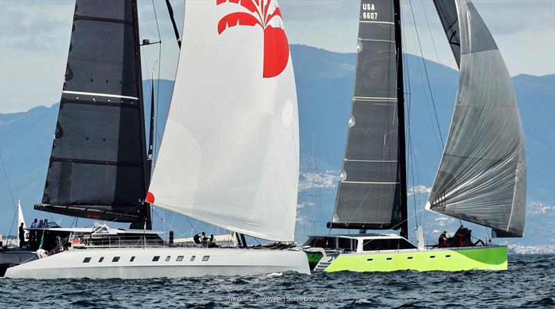 Riccardo Pavoncelli's Gaetana (right) claimed multihull honours on corrected time from Adrian Keller's 84ft Allegra (left) - photo © Tre Golfi Sailing Week / Studio Borlenghi