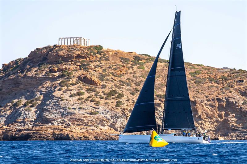 Aiolos takes line honours beneath the Temple of Poseidon on Cape Sounion - photo © Nikos Alevromytis / Alen Photography