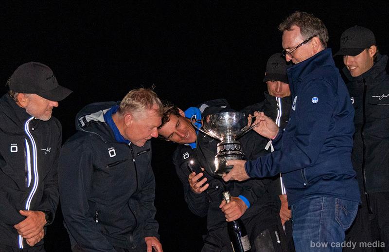 Black Jack's owner Remon Cos and skipper Tristan Le Brun check the names on the Erivale Trophy, for the Monohull Line Honours winner - photo © Bow Caddy Media
